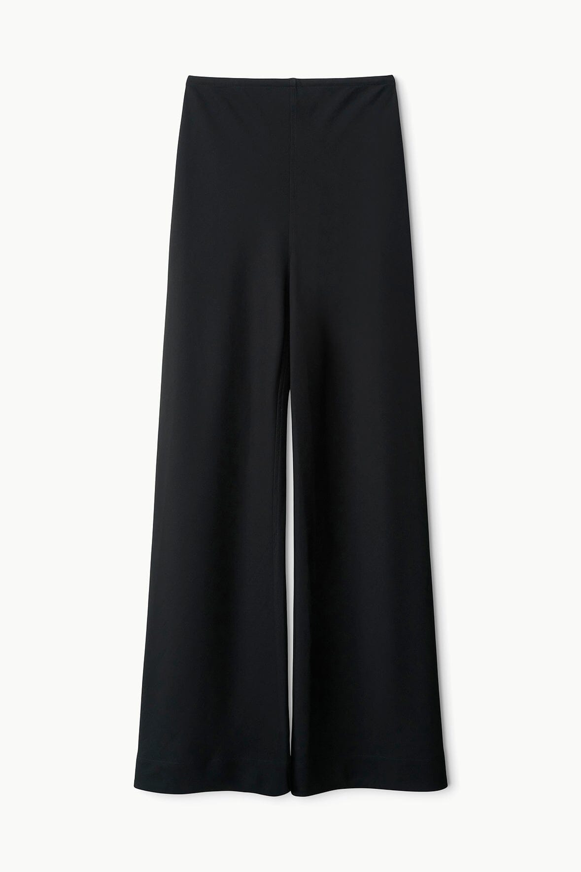 Black wide-leg pants with pull-on waistband and smooth front.