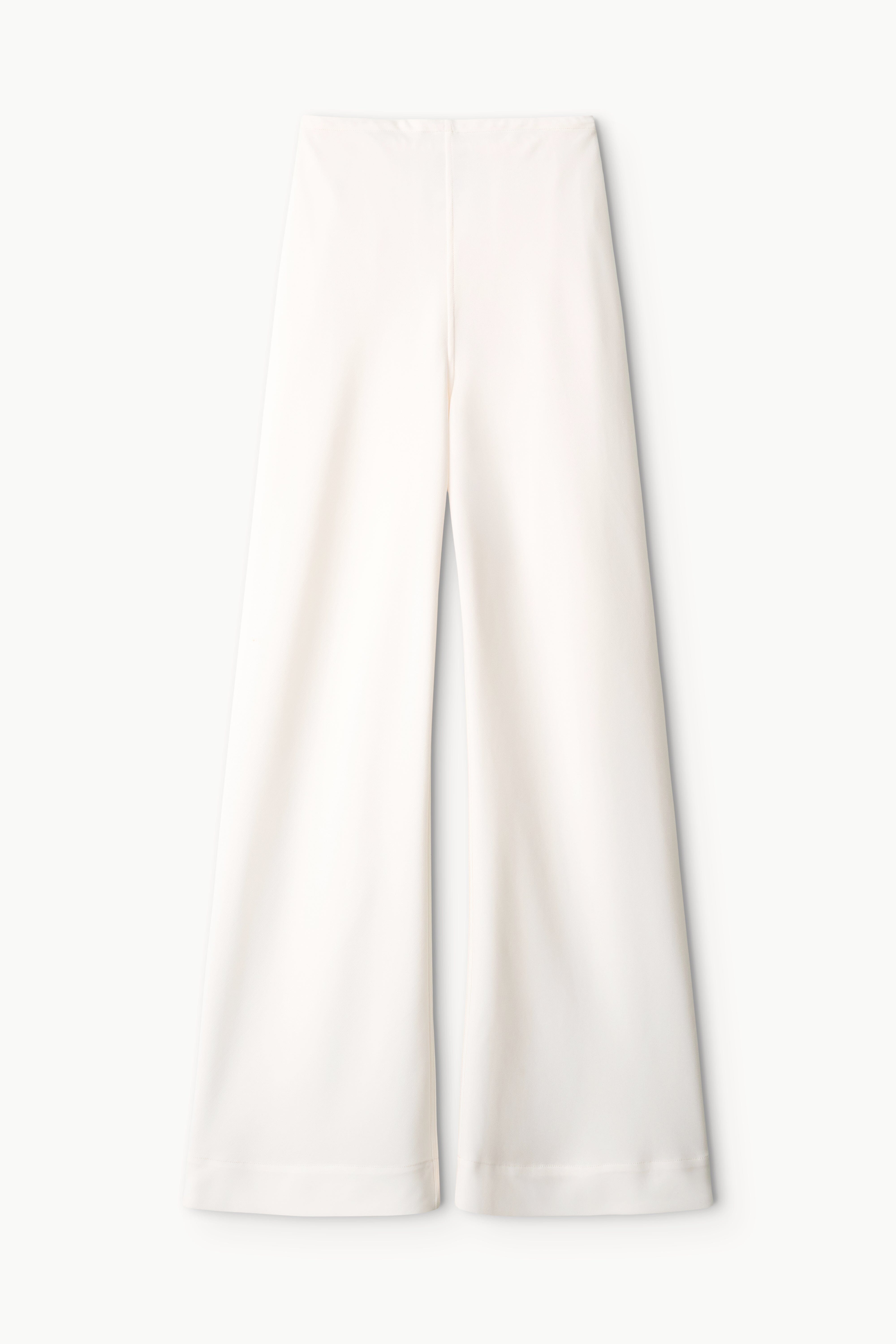Ivory wide-leg pants with straight seams and a clean, minimal front.