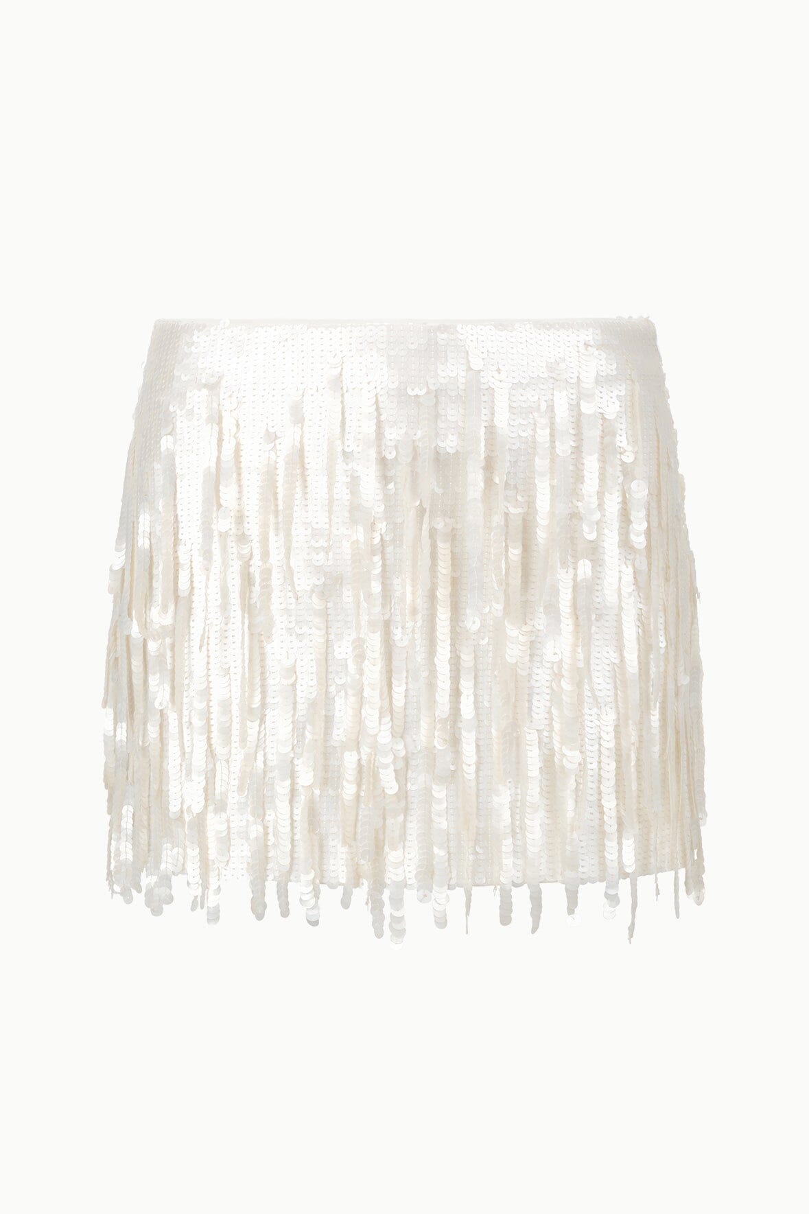 White sequin mini skirt with fringe hem, laid flat