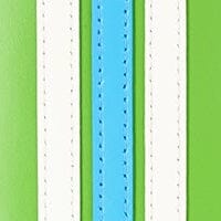 Close-up of green surfboard clutch panels with blue and white stitched stripes