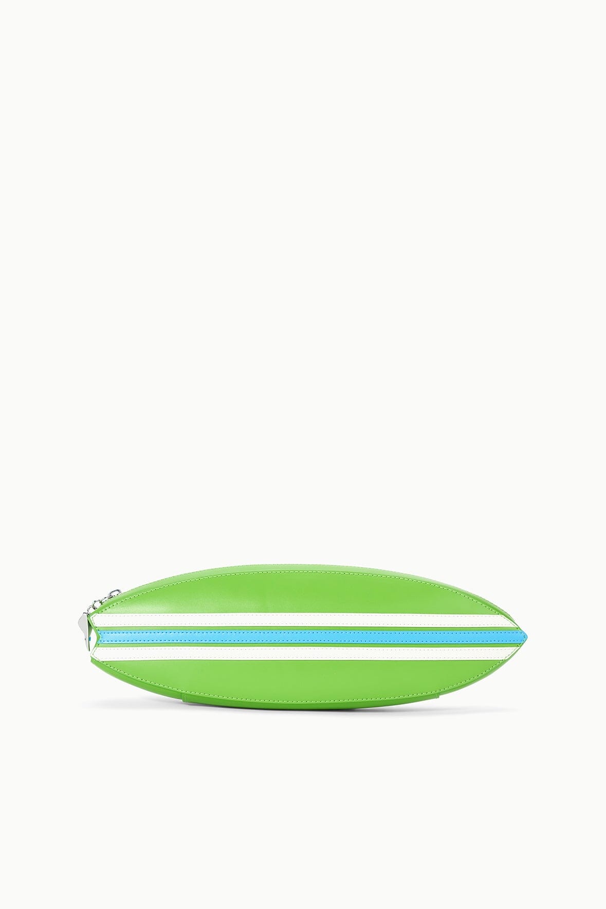 Green surfboard clutch pouch with side zipper and striped trim detail