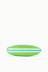 Green surfboard clutch pouch with side zipper and striped trim detail