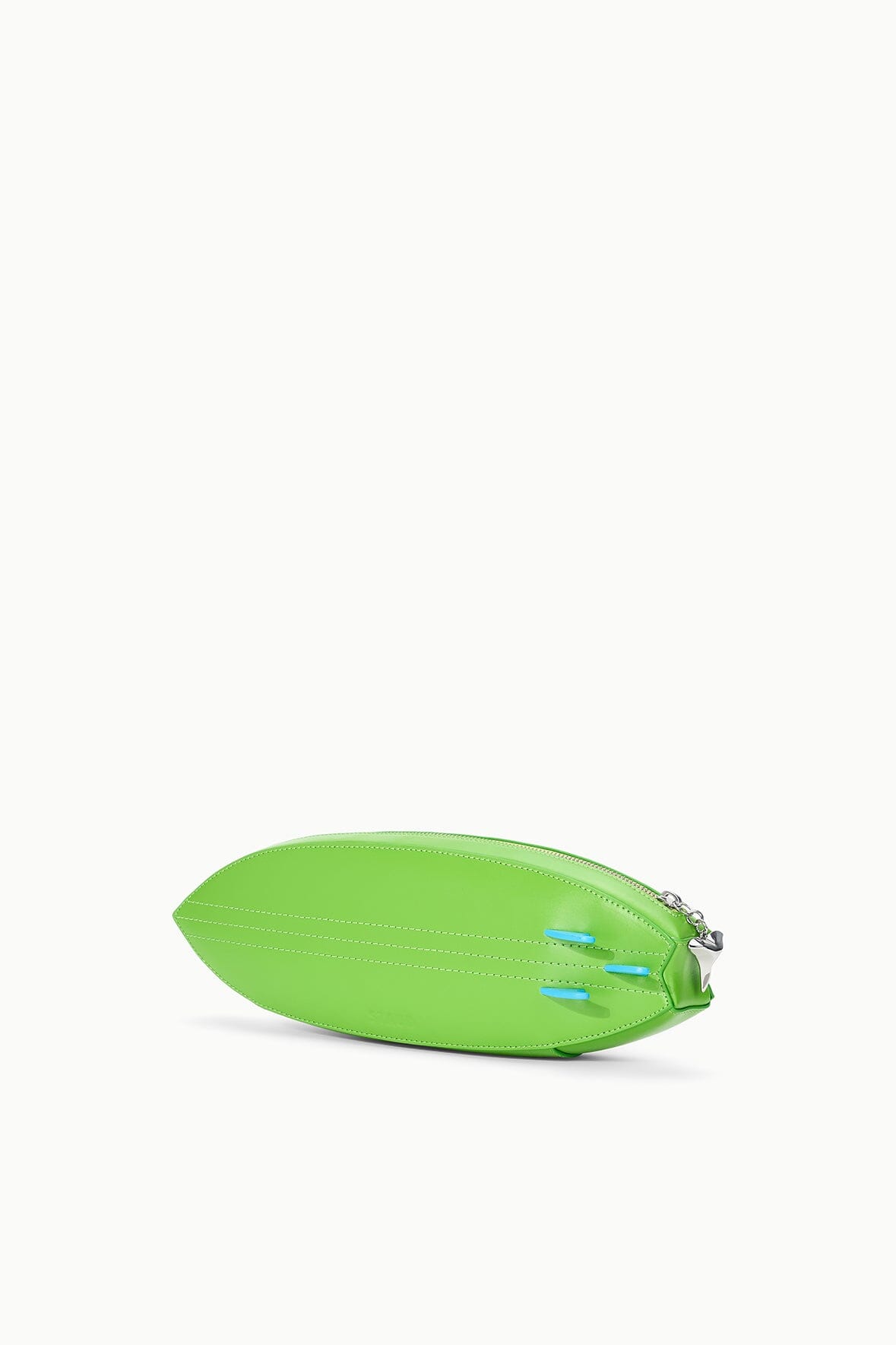 Green surfboard clutch pouch with zipper opening and blue accent at front