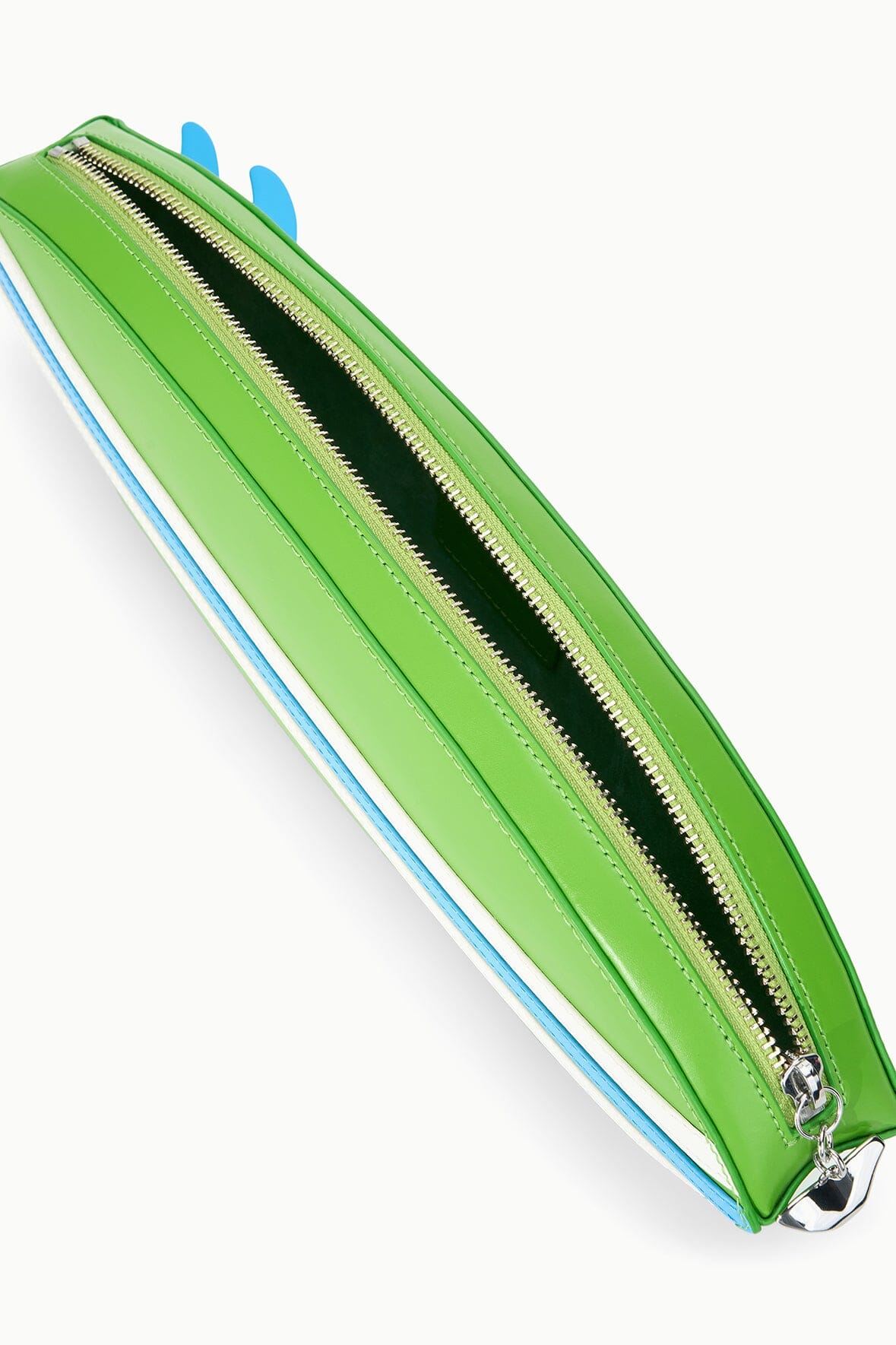 Green surfboard clutch with interior view, black zipper track, and blue trim stripes