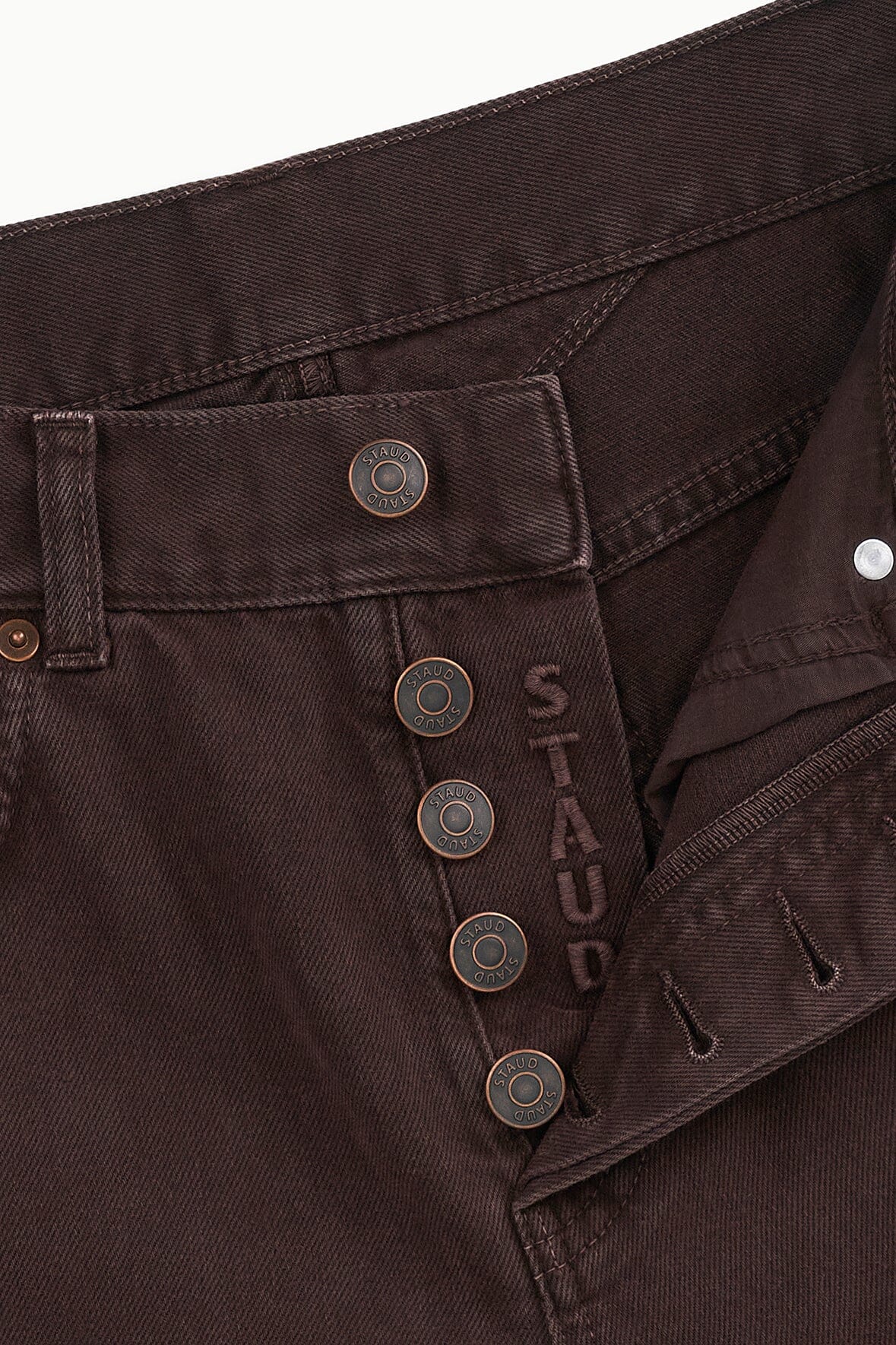 Dark brown straight jeans front closure with metal buttons and belt loop