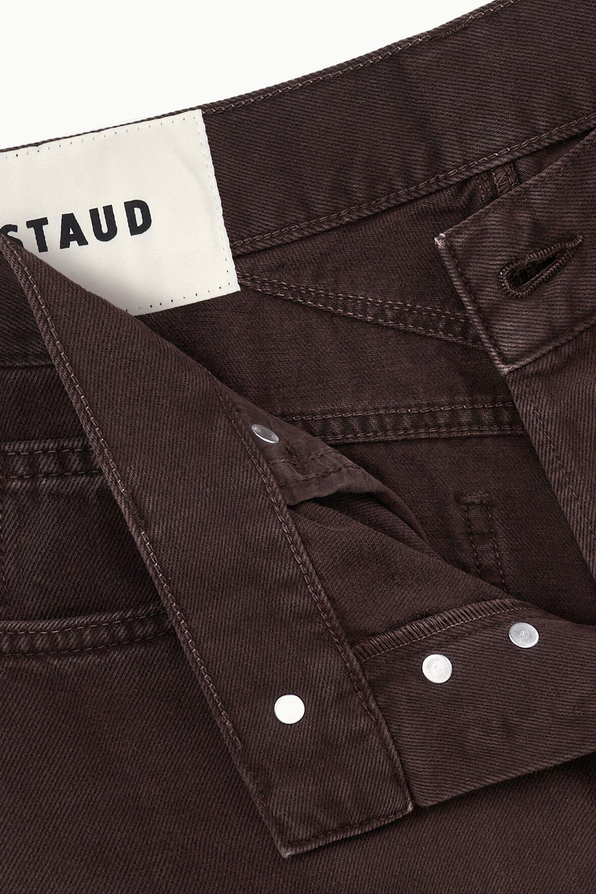 Dark brown straight jeans close-up of waistband tag, button, and pockets