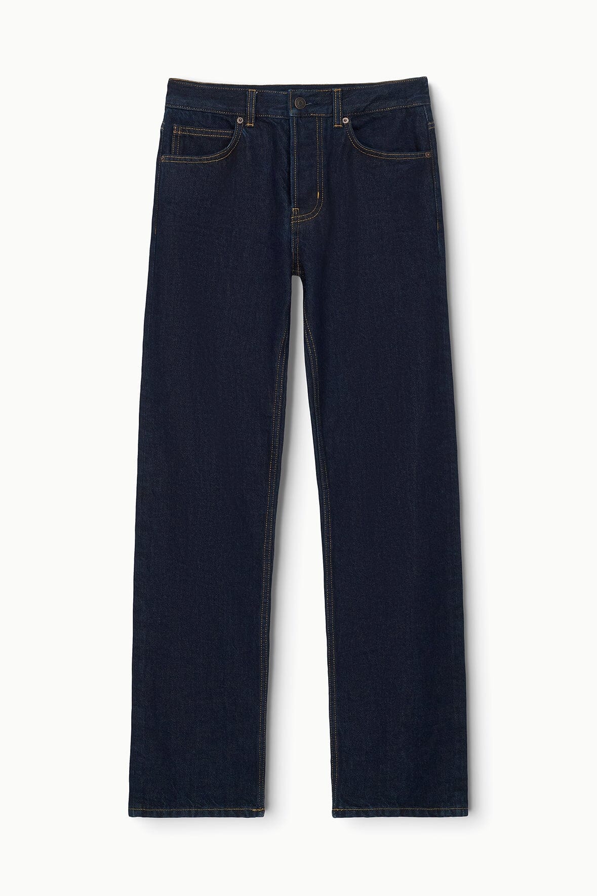 Indigo straight jeans flat lay with belt loops and button fly