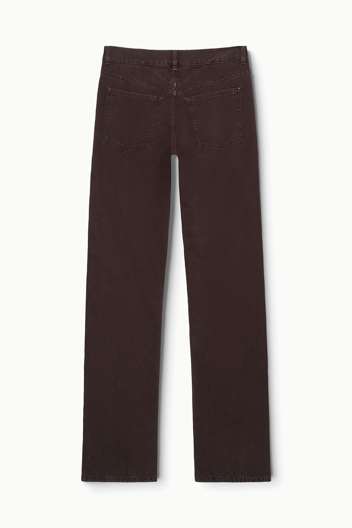 Dark brown straight jeans, front flat lay with straight legs
