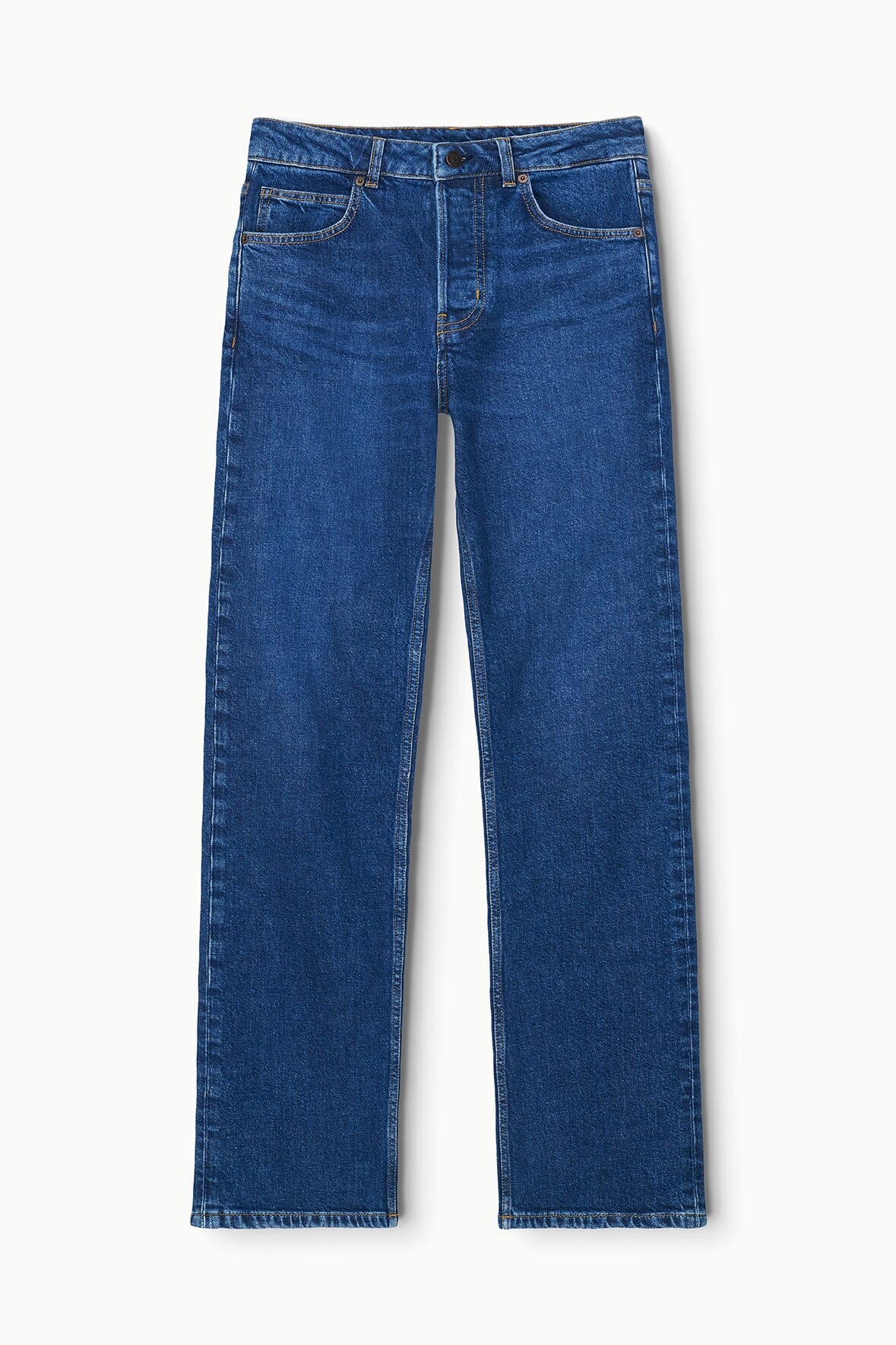 Stone blue straight stretch jeans, flat lay front view with zip fly