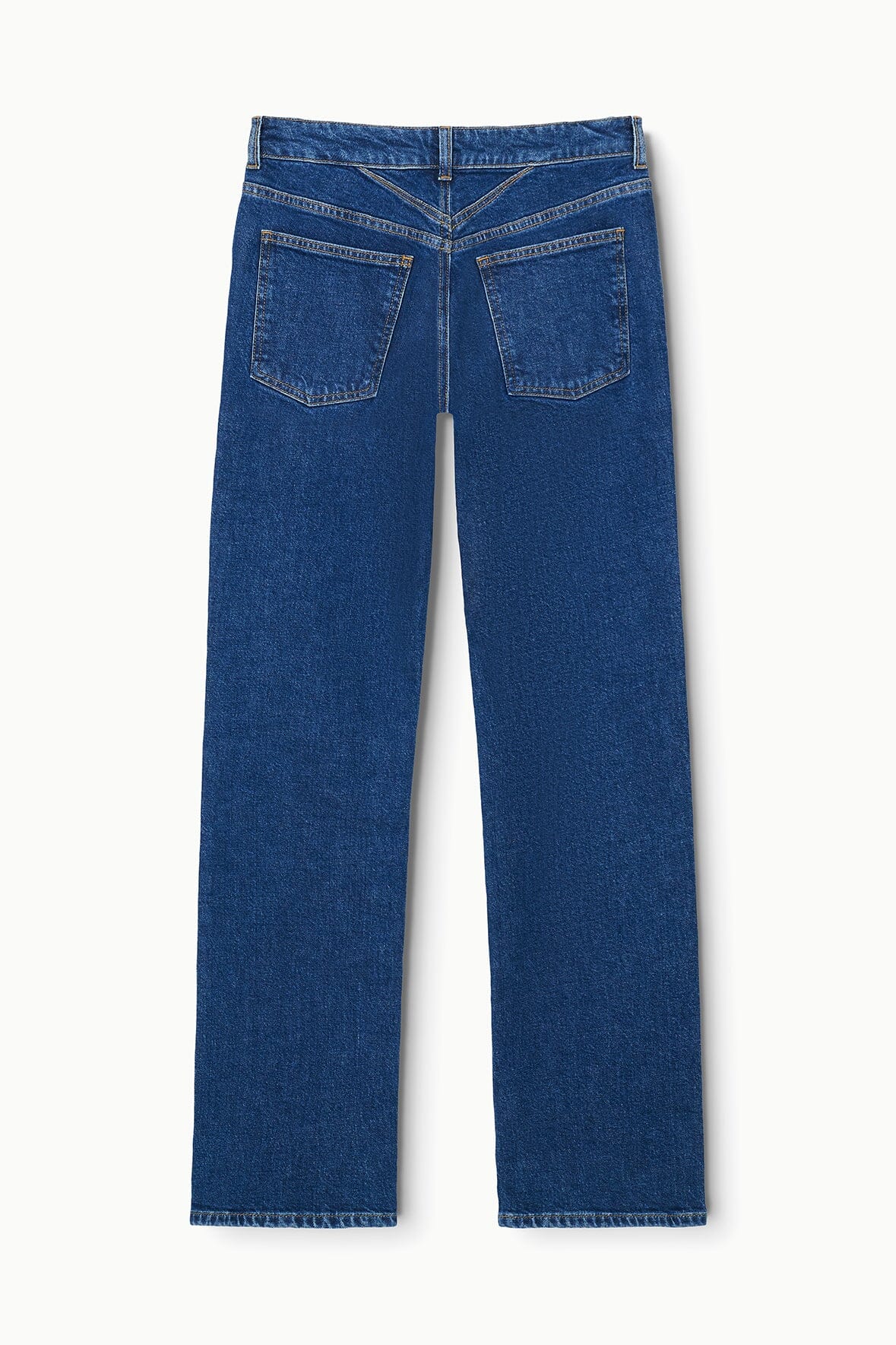 Stone blue straight stretch jeans, flat lay back view with yoke and pockets