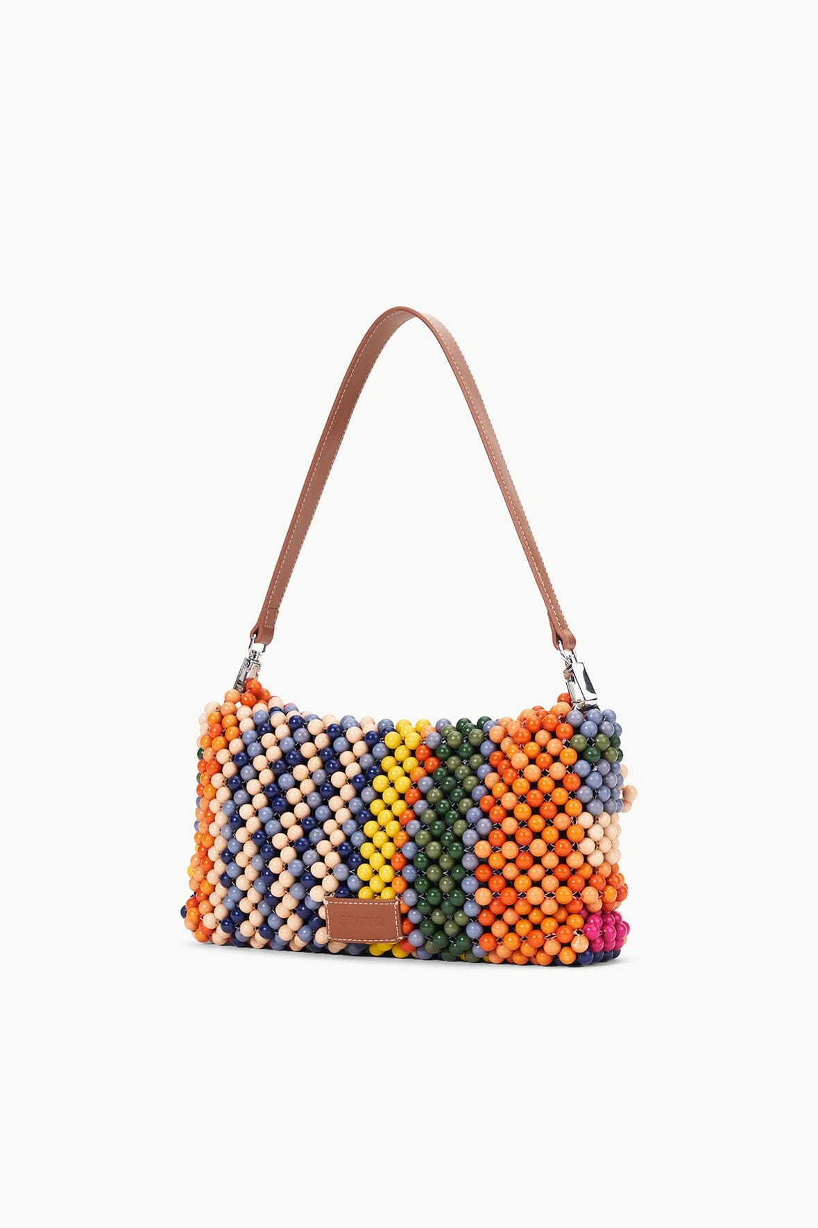 TIMMY shoulder bag with multicolor beadwork stripe pattern, brown leather handles and metal hardware.