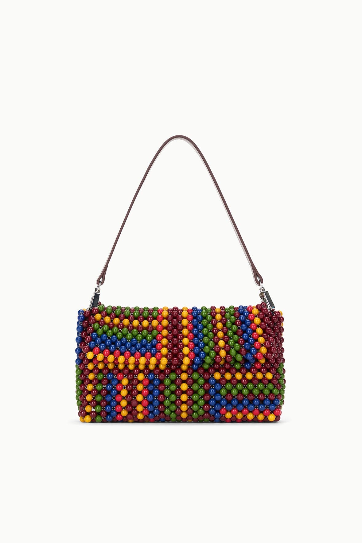 Multicolor beaded shoulder bag with brown top handles and magnetic front flap