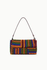 Multicolor beaded shoulder bag with brown top handles and magnetic front flap