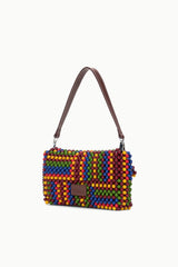 Multicolor beaded shoulder bag with brown strap and front flap with small patch