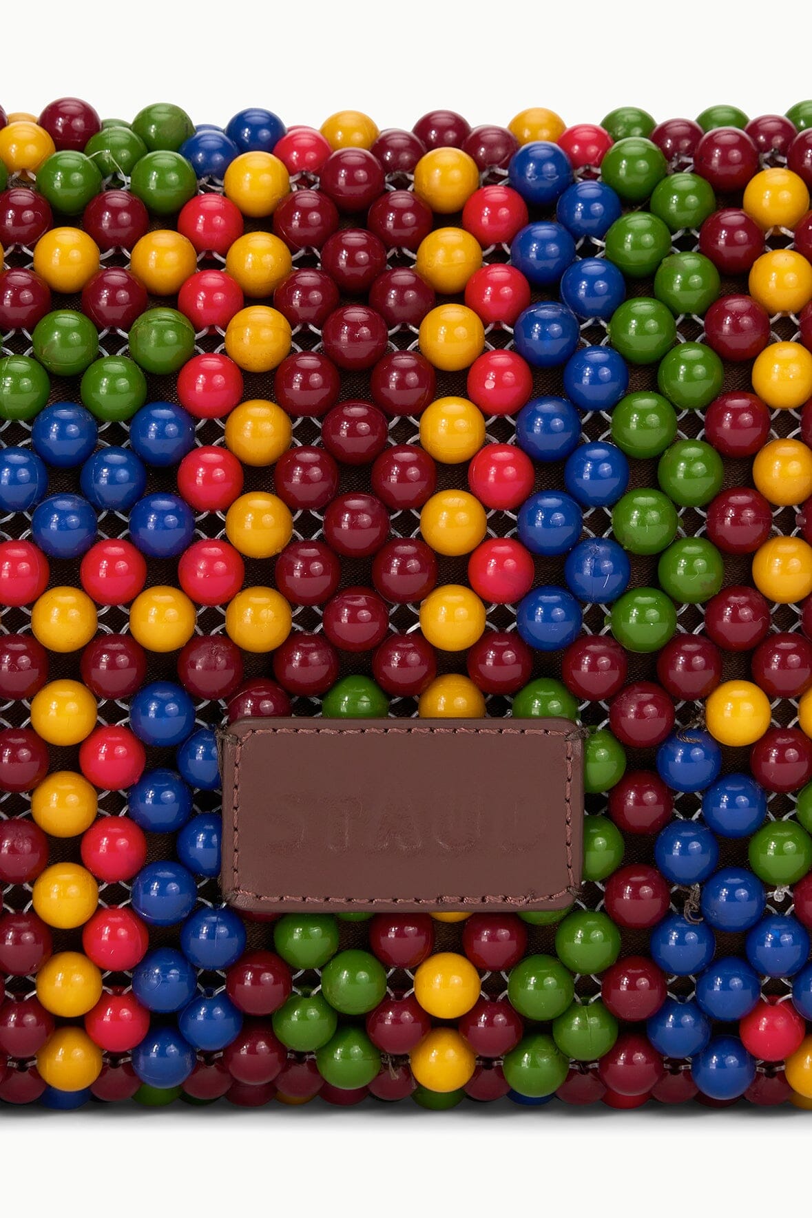 Multicolor bead panel shoulder bag with brown leather front patch