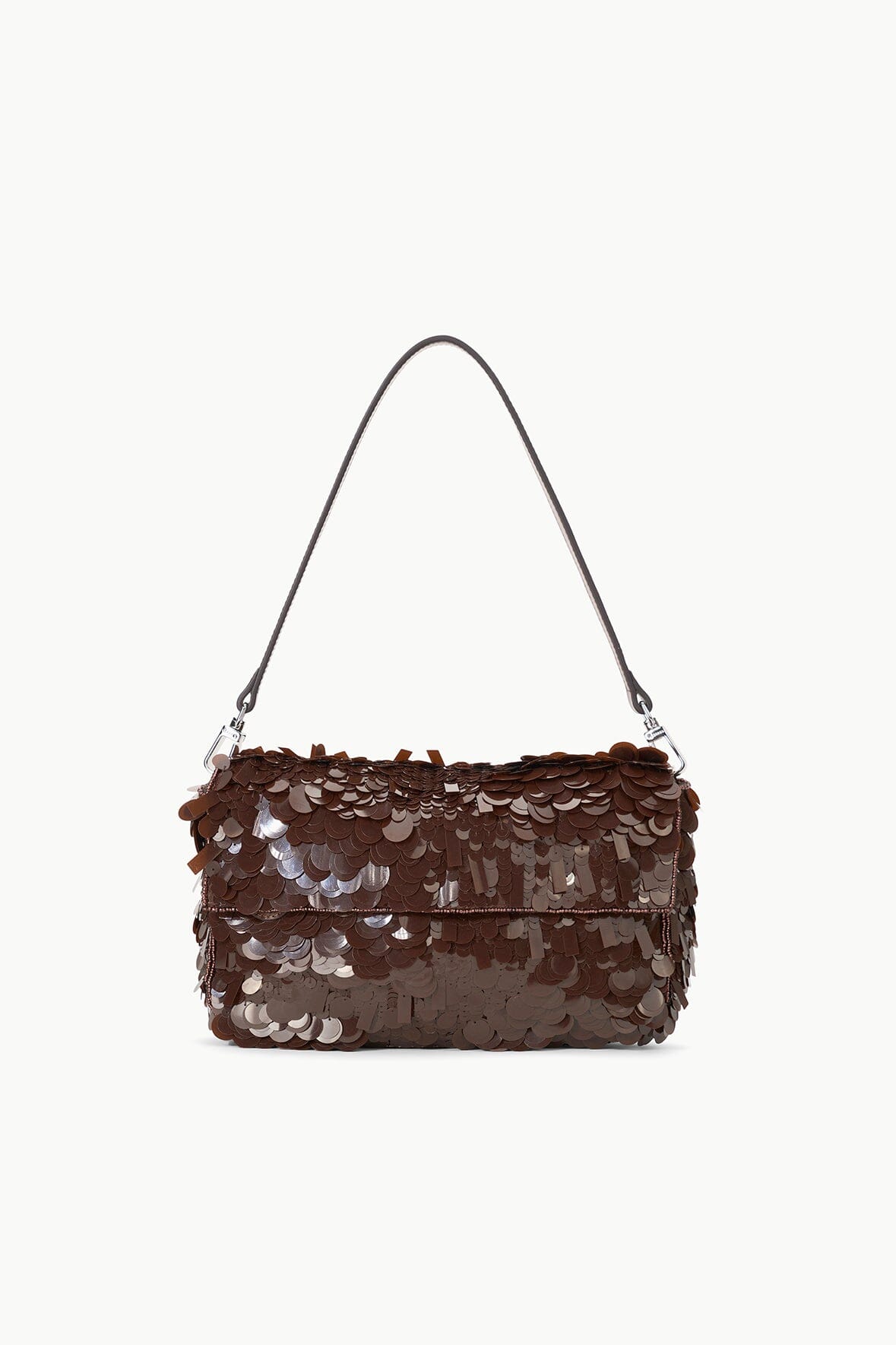 Cacao sequin shoulder bag with short handles and flap front