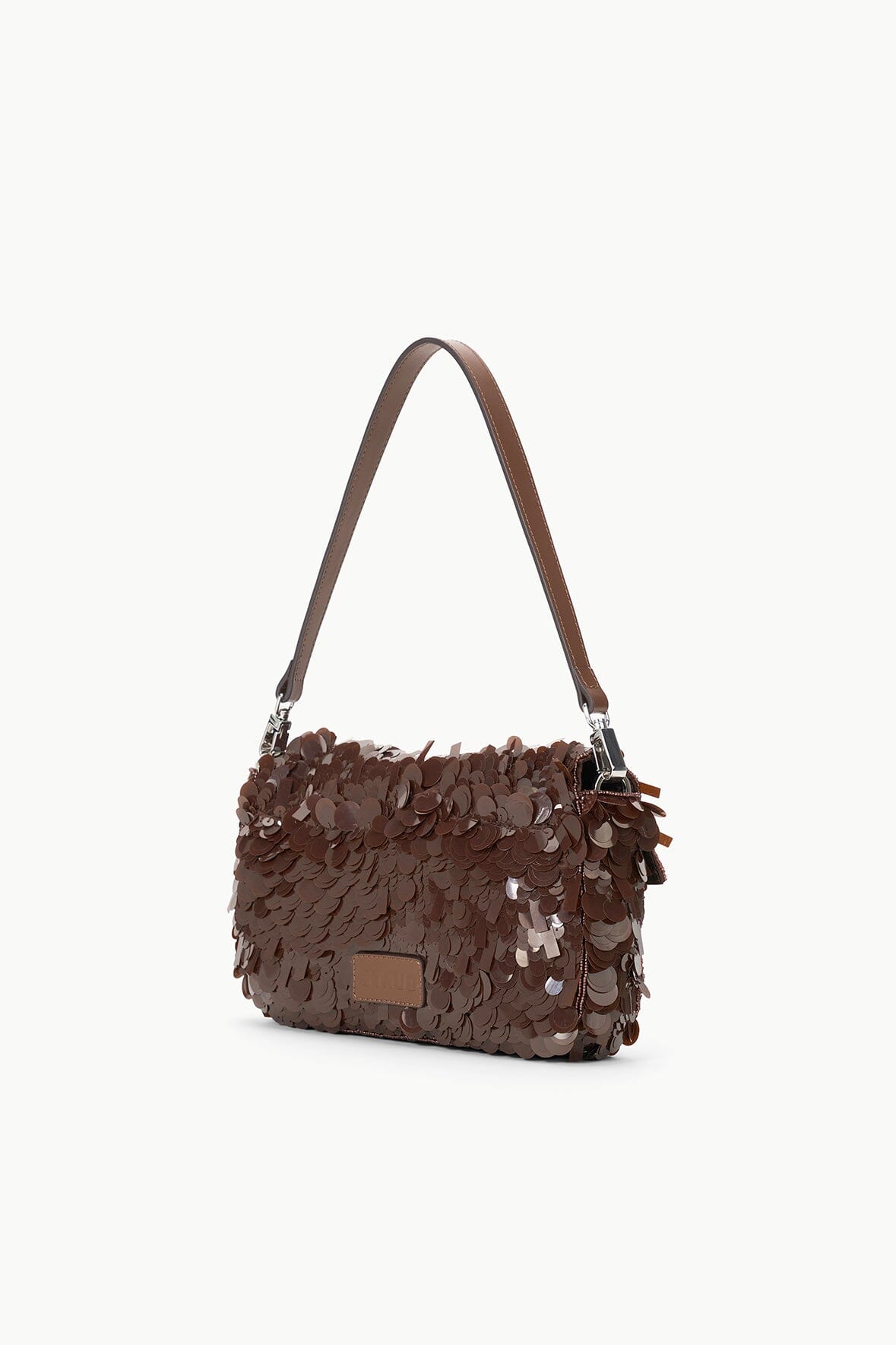 Cacao sequin shoulder bag with flap front and adjustable shoulder strap