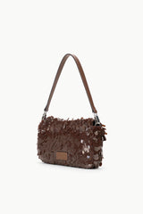 Cacao sequin shoulder bag with flap front and adjustable shoulder strap