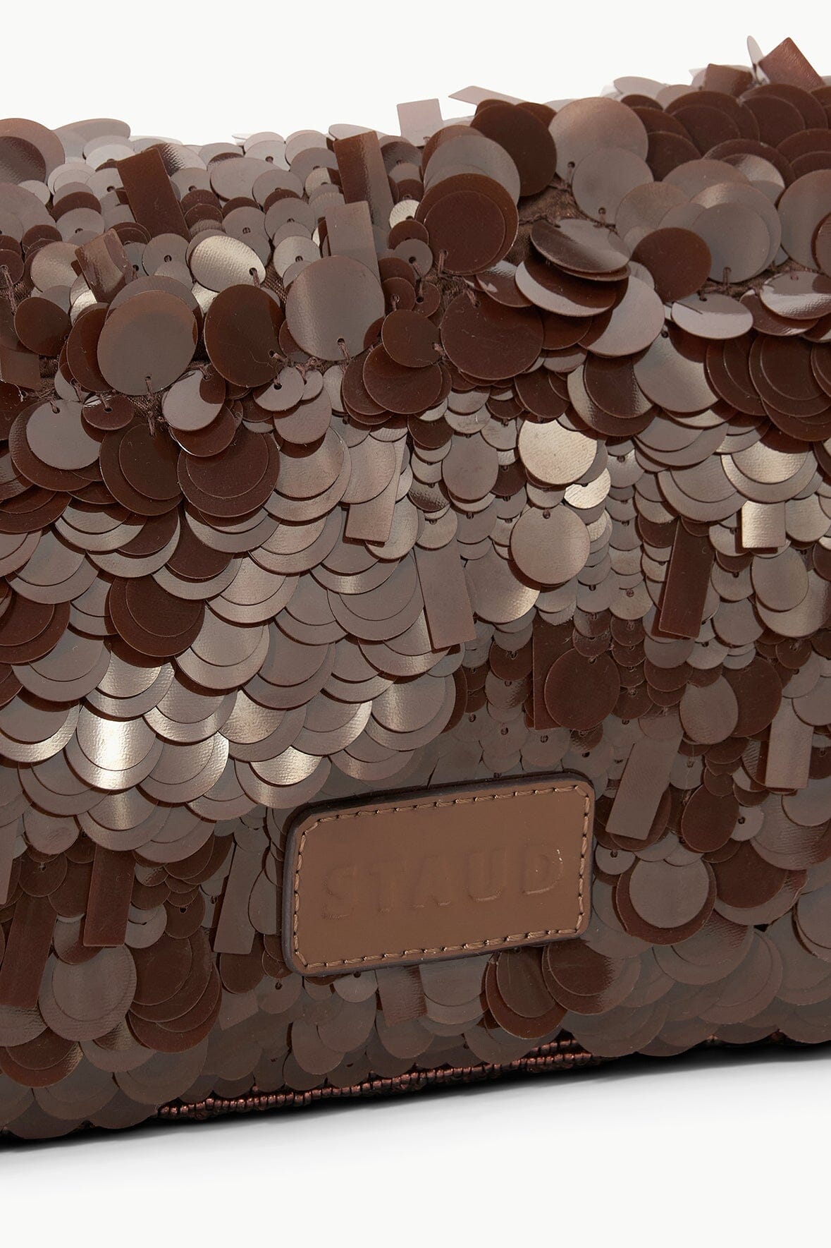 Cacao sequin shoulder bag with stitched front label and top zipper edge