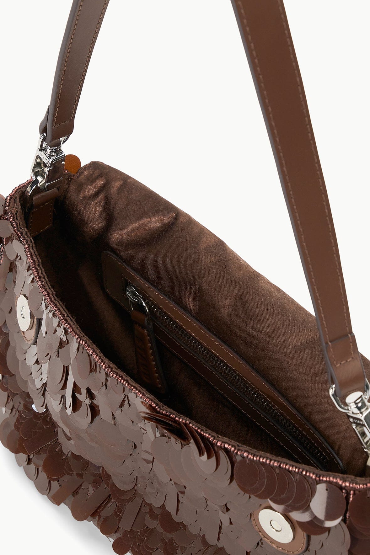 Cacao sequin shoulder bag with open top, zipper pocket, and brown lining
