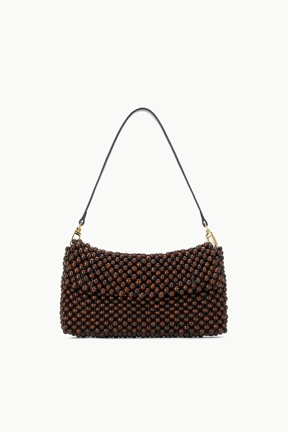 Dark brown beaded shoulder bag with gold-tone chain strap, curved top design