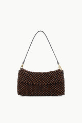 Dark brown beaded shoulder bag with gold-tone chain strap, curved top design