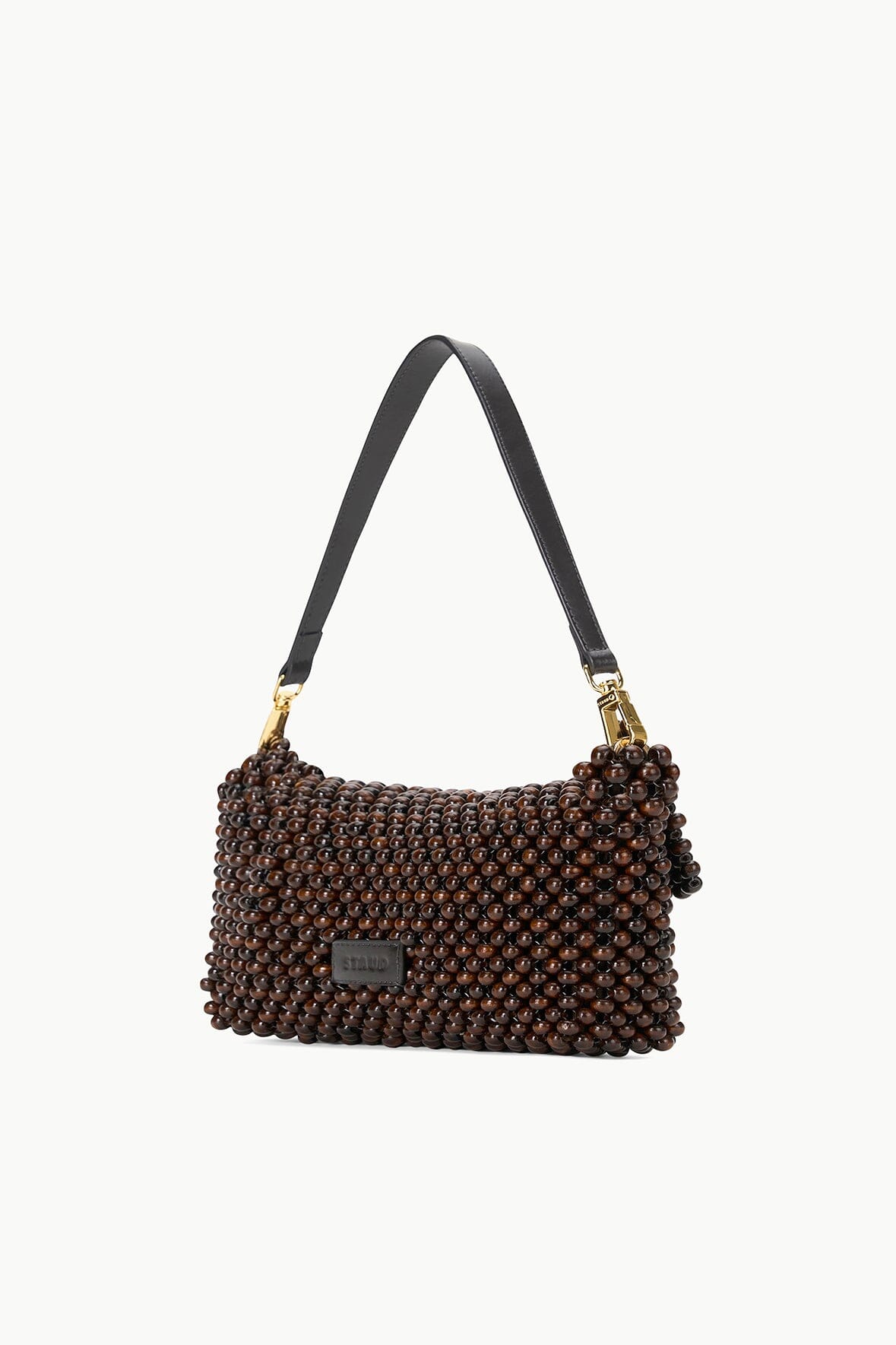 Dark brown beaded shoulder bag with gold-tone chain straps and rectangular front plaque