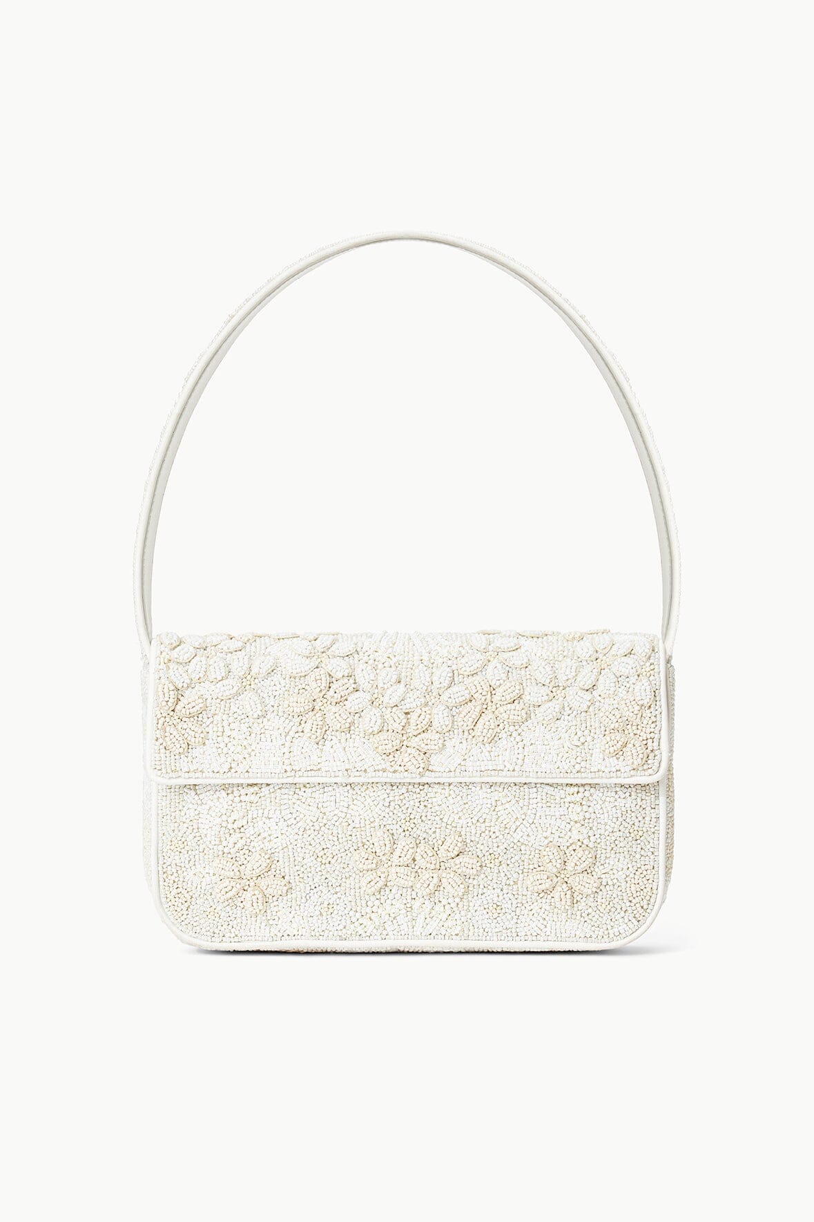 White beaded mini handbag with top handle, front flap, and zipper closure.