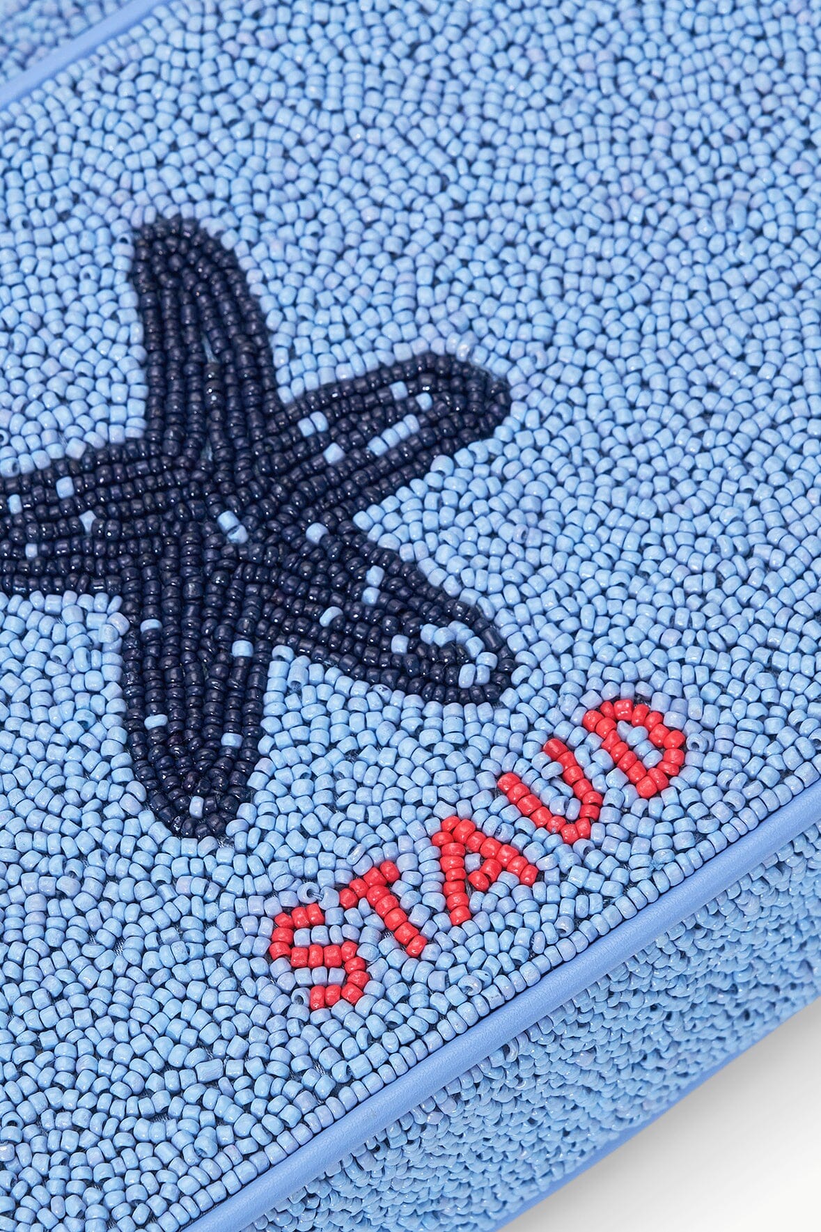 Beaded starfish motif with striped embroidery on a light blue mini bag