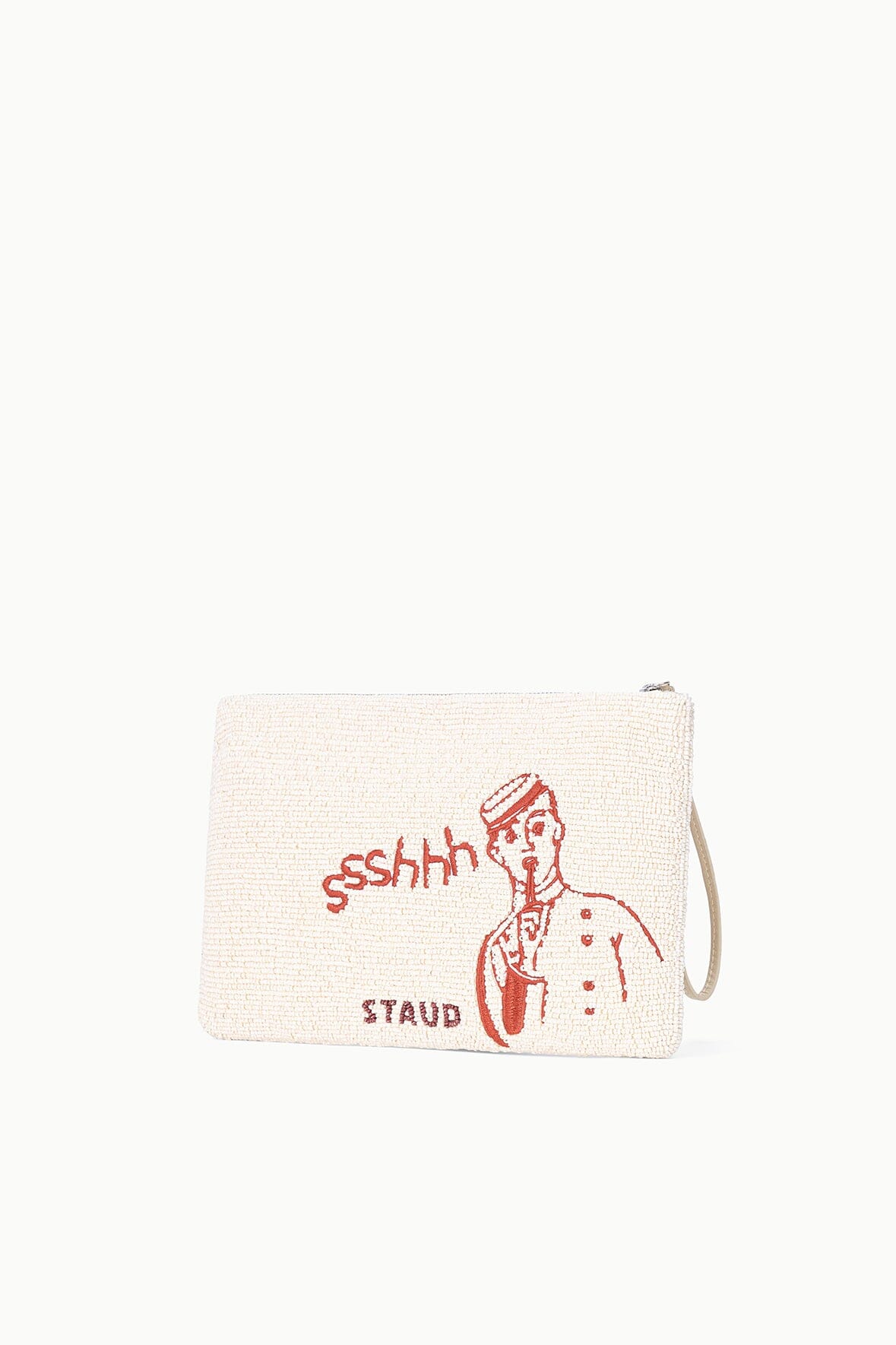 Beaded pouch with red “sshh” figure graphic and red text, wrist strap