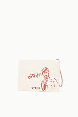 Beaded pouch with red “sshh” figure graphic and red text, wrist strap