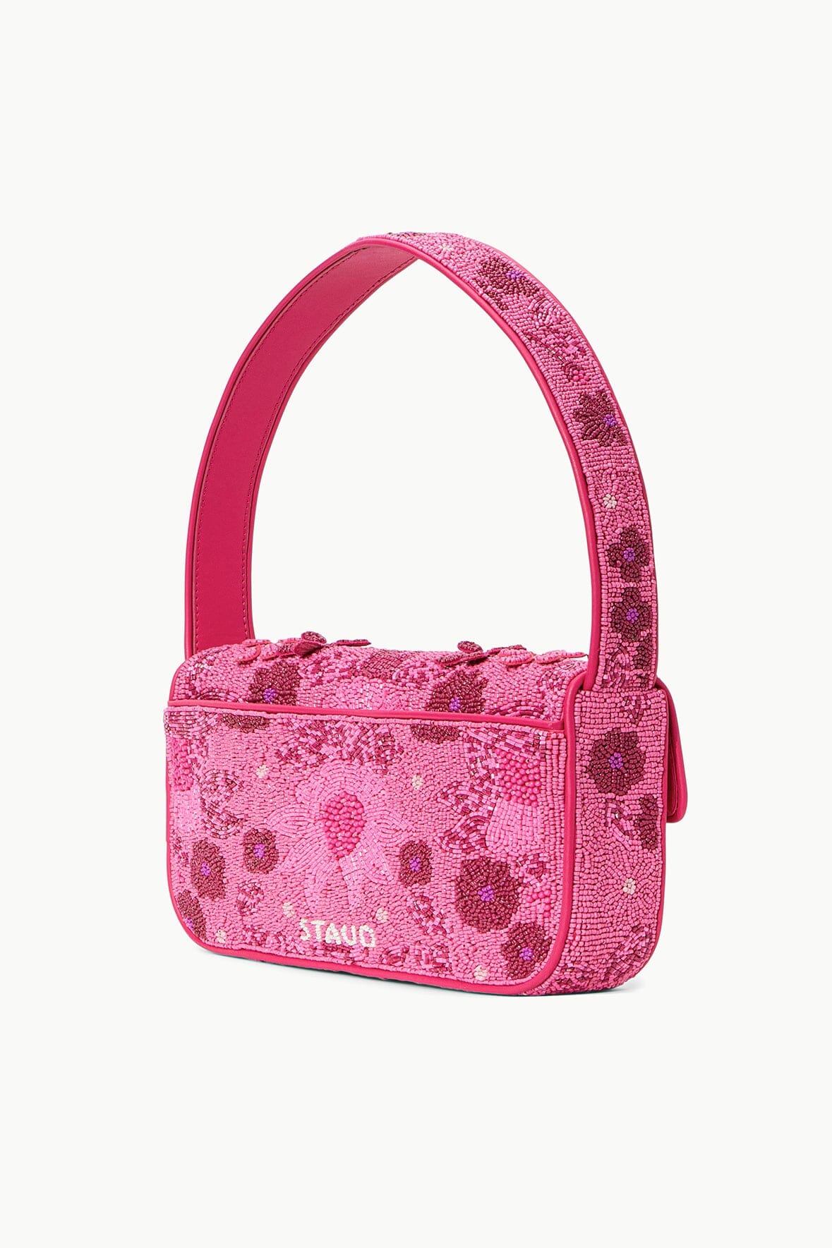 Pink beaded mini handbag with curved top handle and flap front closure detail.