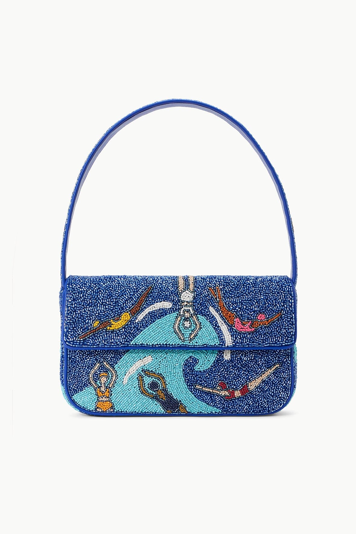 TOMMY beaded mini bag with top handle and front flap, blue swimmers pattern