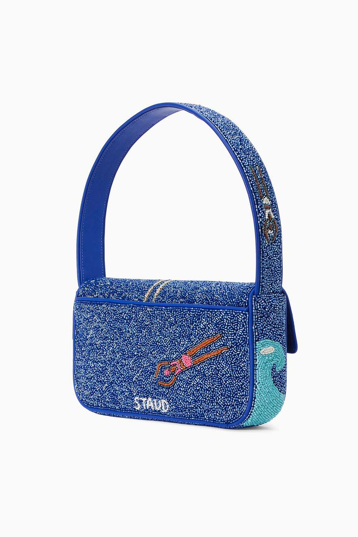 Beaded mini bag with top handle and flap closure, blue with swimmers motif