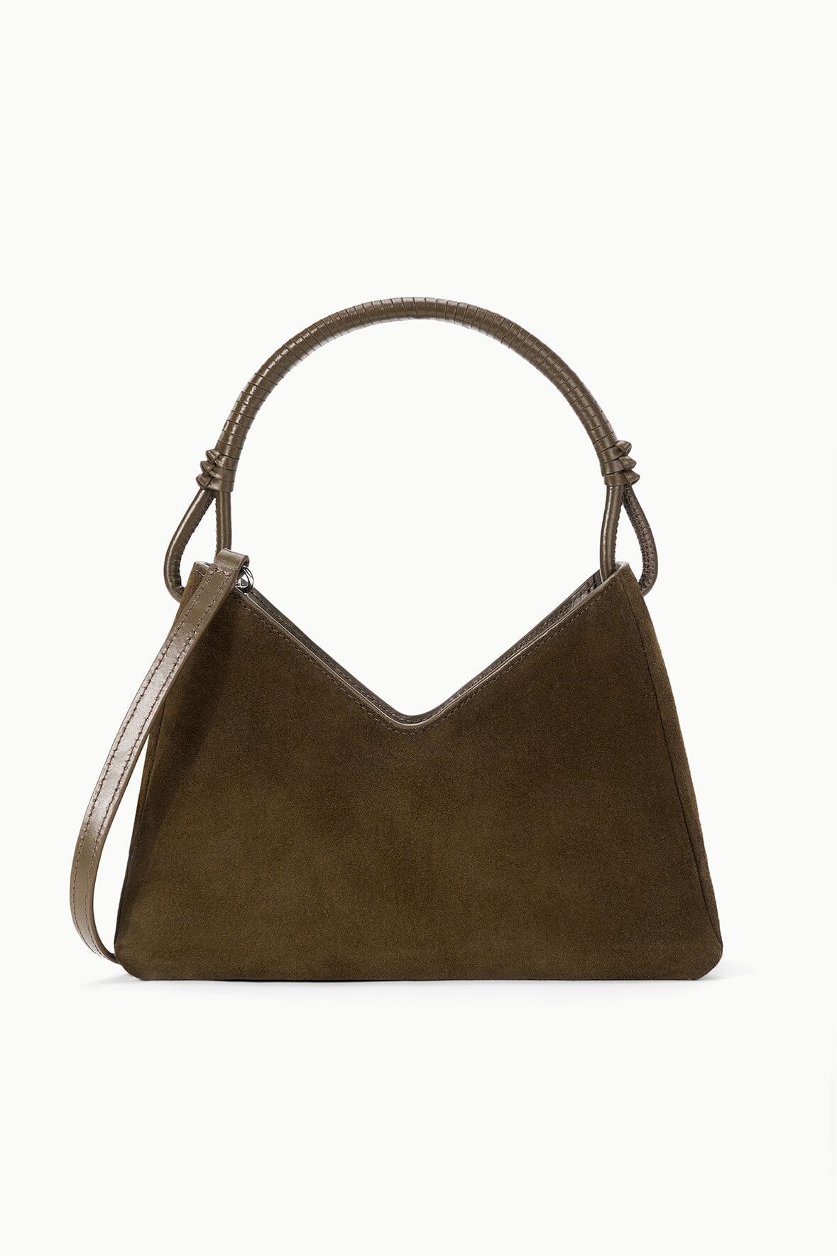 Truffle suede triangular shoulder bag with short top handles