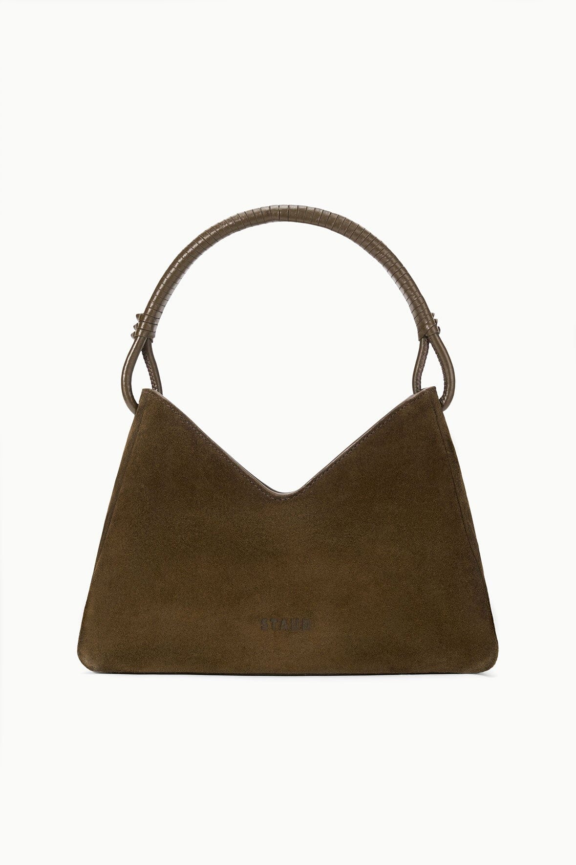 Truffle suede shoulder bag front view with embossed logo
