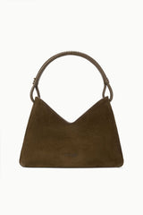 Truffle suede shoulder bag front view with embossed logo