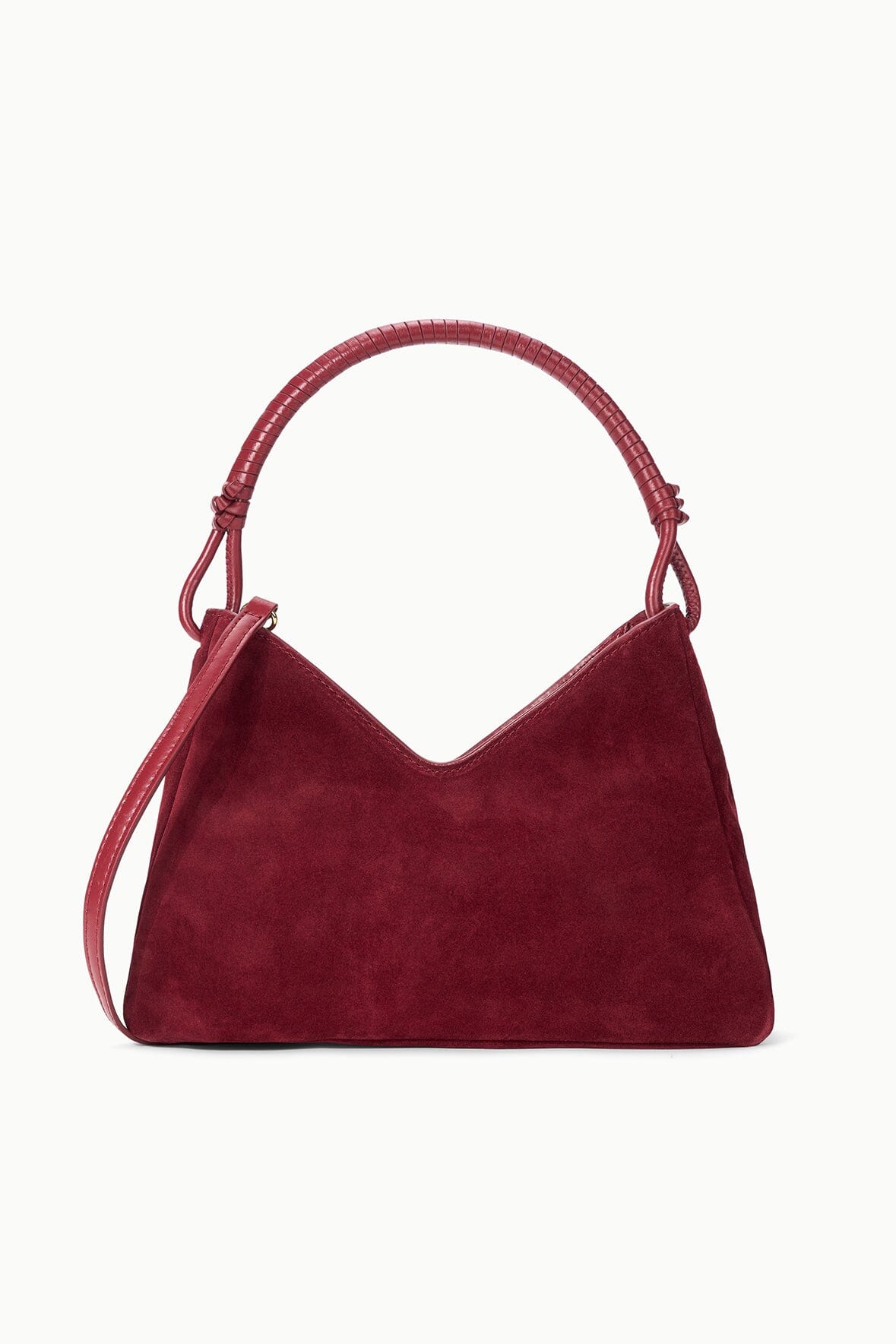 Burgundy suede shoulder bag with top handles and drawstring ends