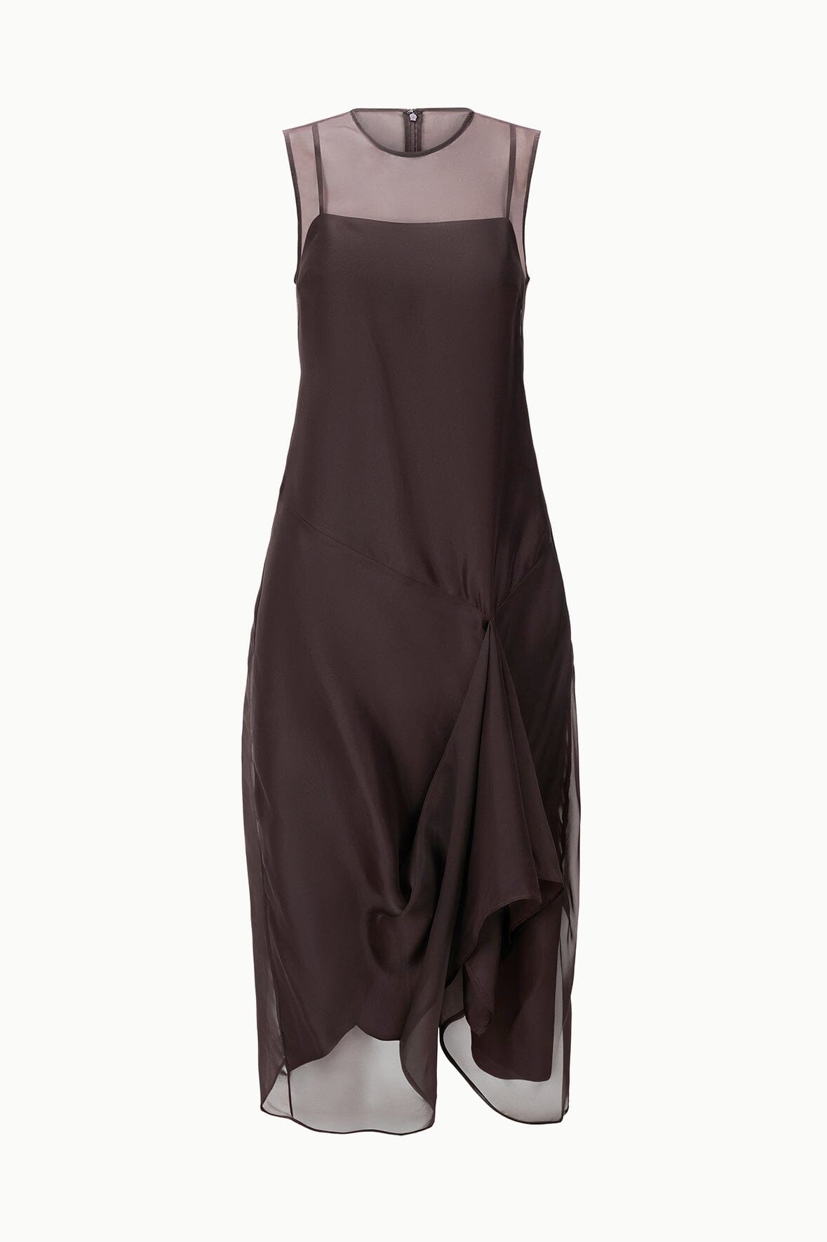 VIOLA dress dark brown sleeveless, draped knot front and sheer maxi hem
