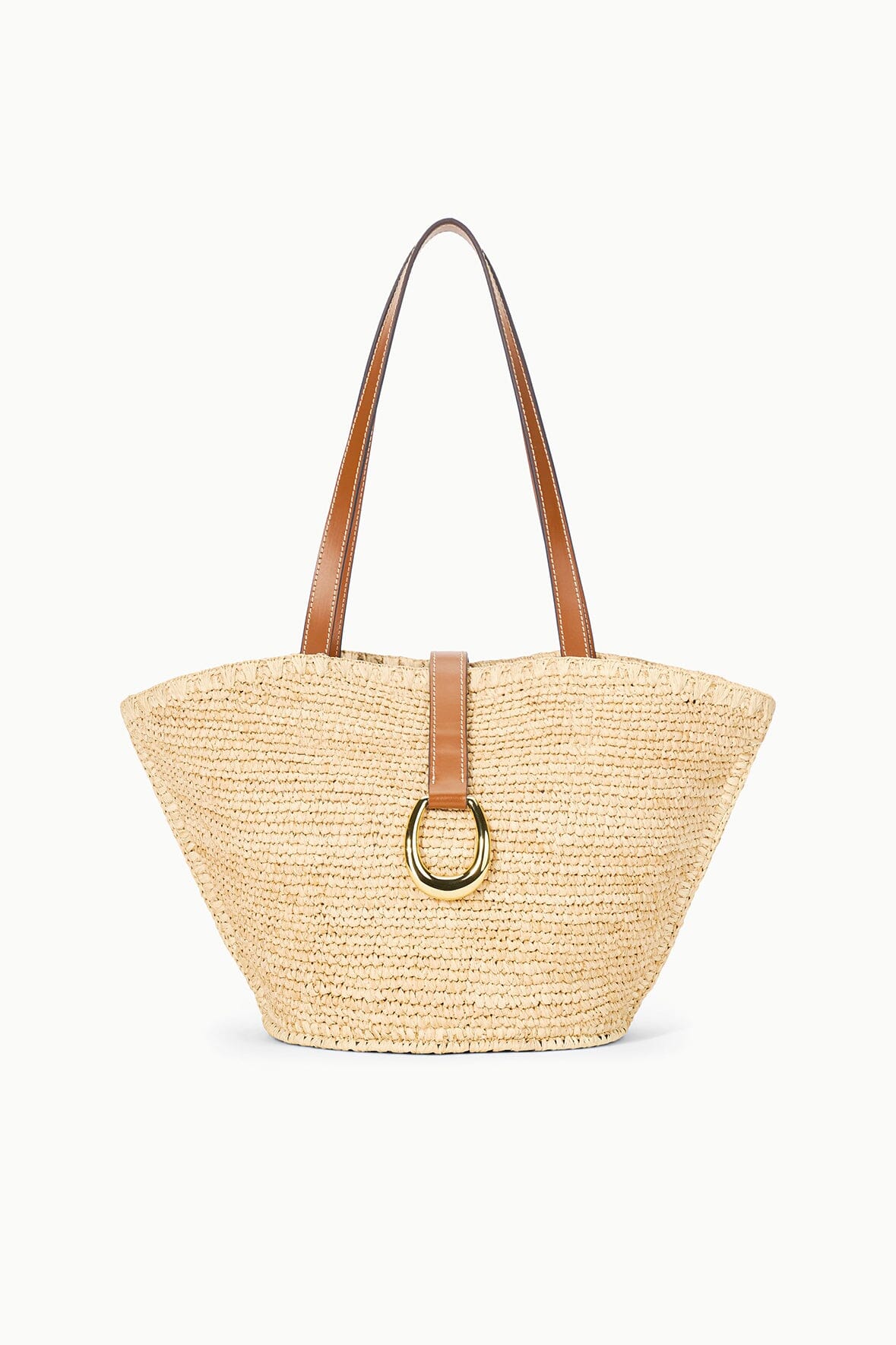 Natural tan woven tote bag with tan leather handles and center O-ring