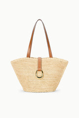 Natural tan woven tote bag with tan leather handles and center O-ring