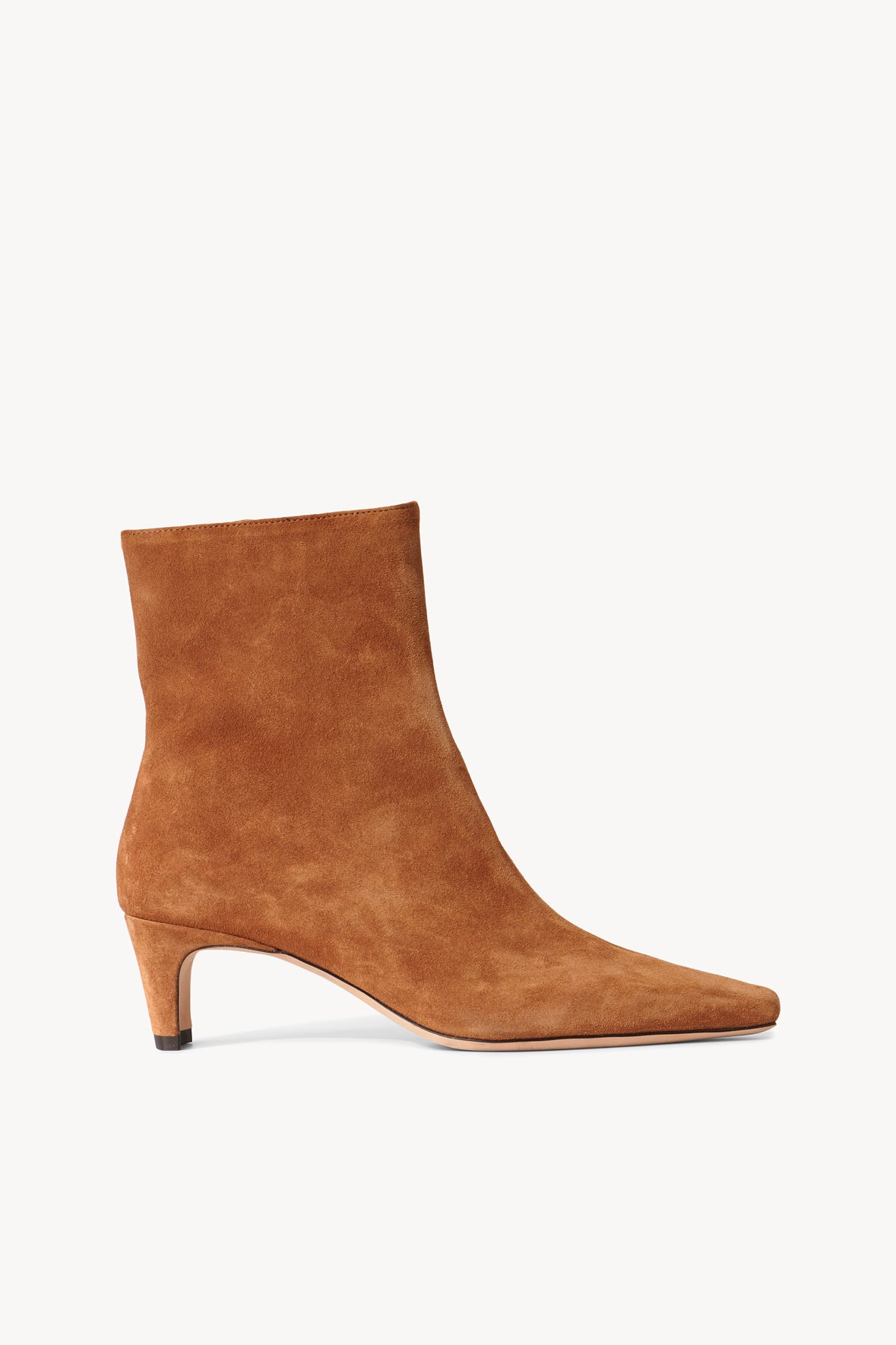 Tan suede ankle boot with low block heel and pointed toe