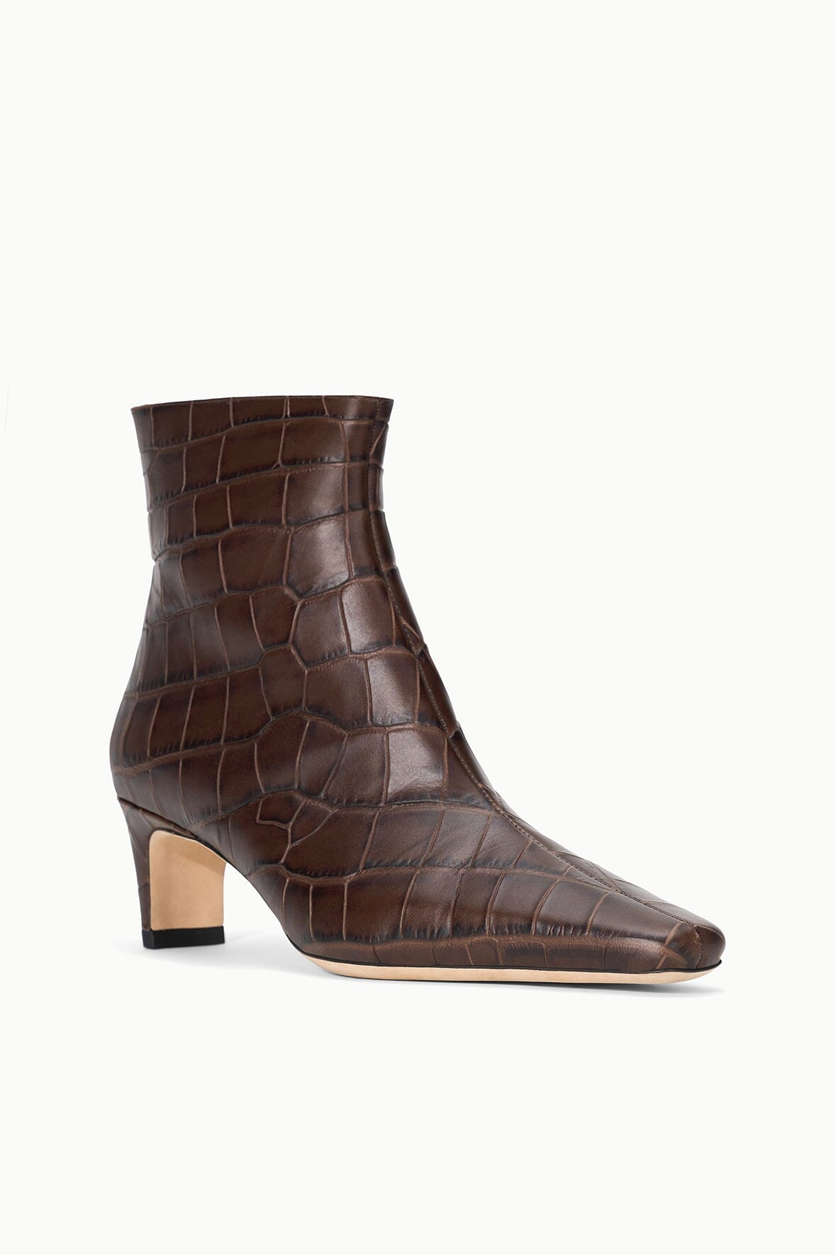 Croc-texture ankle boot in espresso brown with low block heel