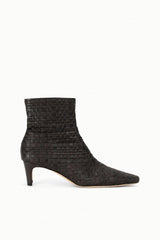 Dark espresso woven leather ankle boot with pointed toe and slim low heel