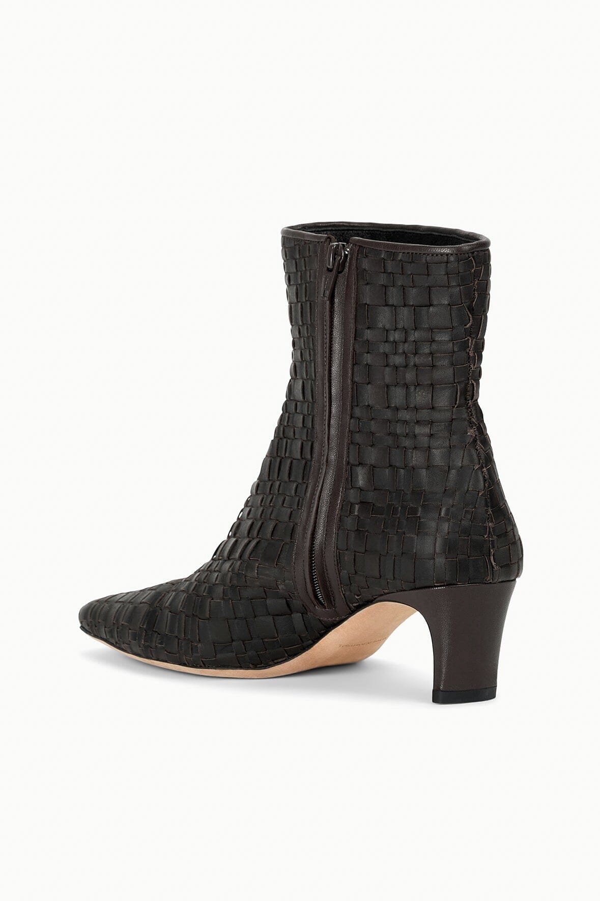 Dark espresso woven leather ankle boot with side gore and low block heel