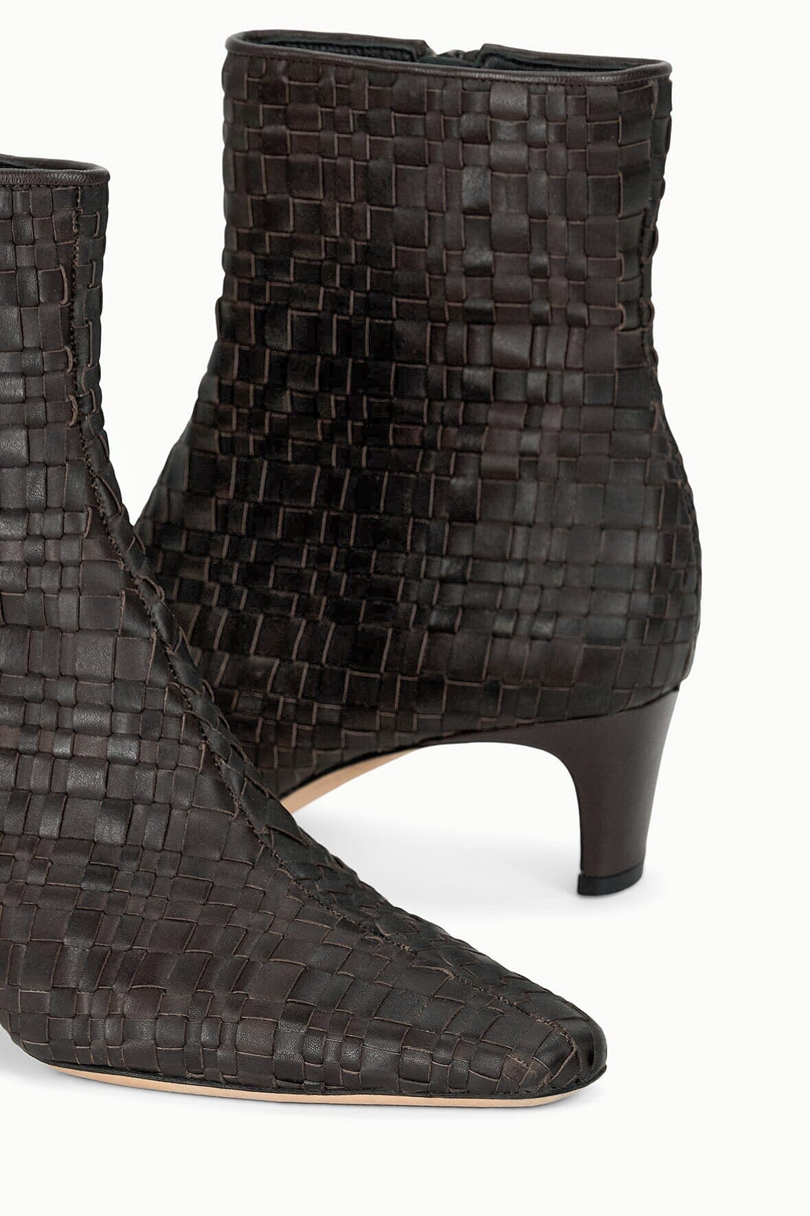 Dark espresso woven leather ankle boot, pull-on style with low stacked heel