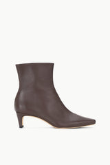 Espresso leather ankle boot with low block heel and pointed toe