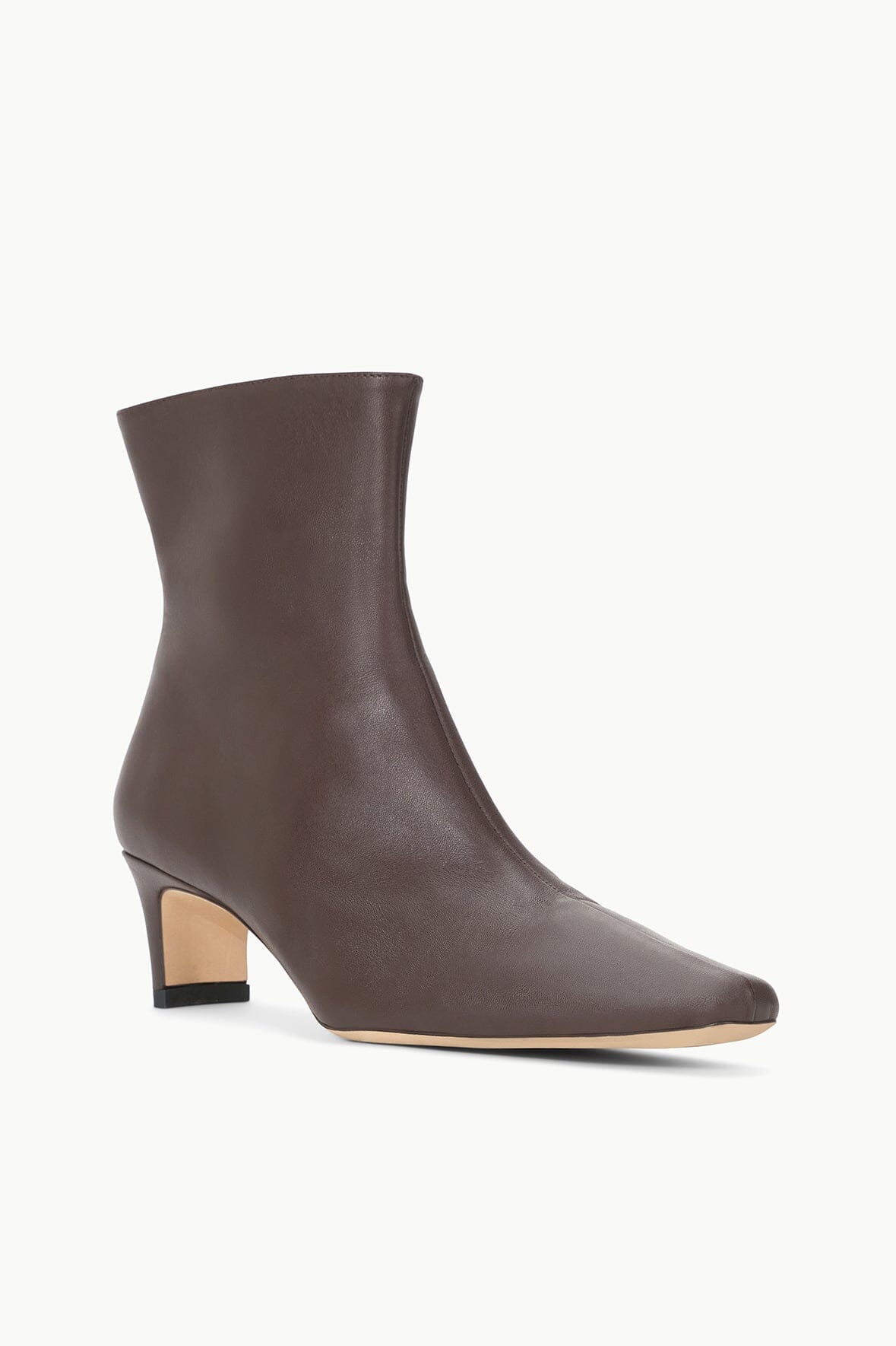 Espresso leather ankle boot with stacked heel and sleek silhouette