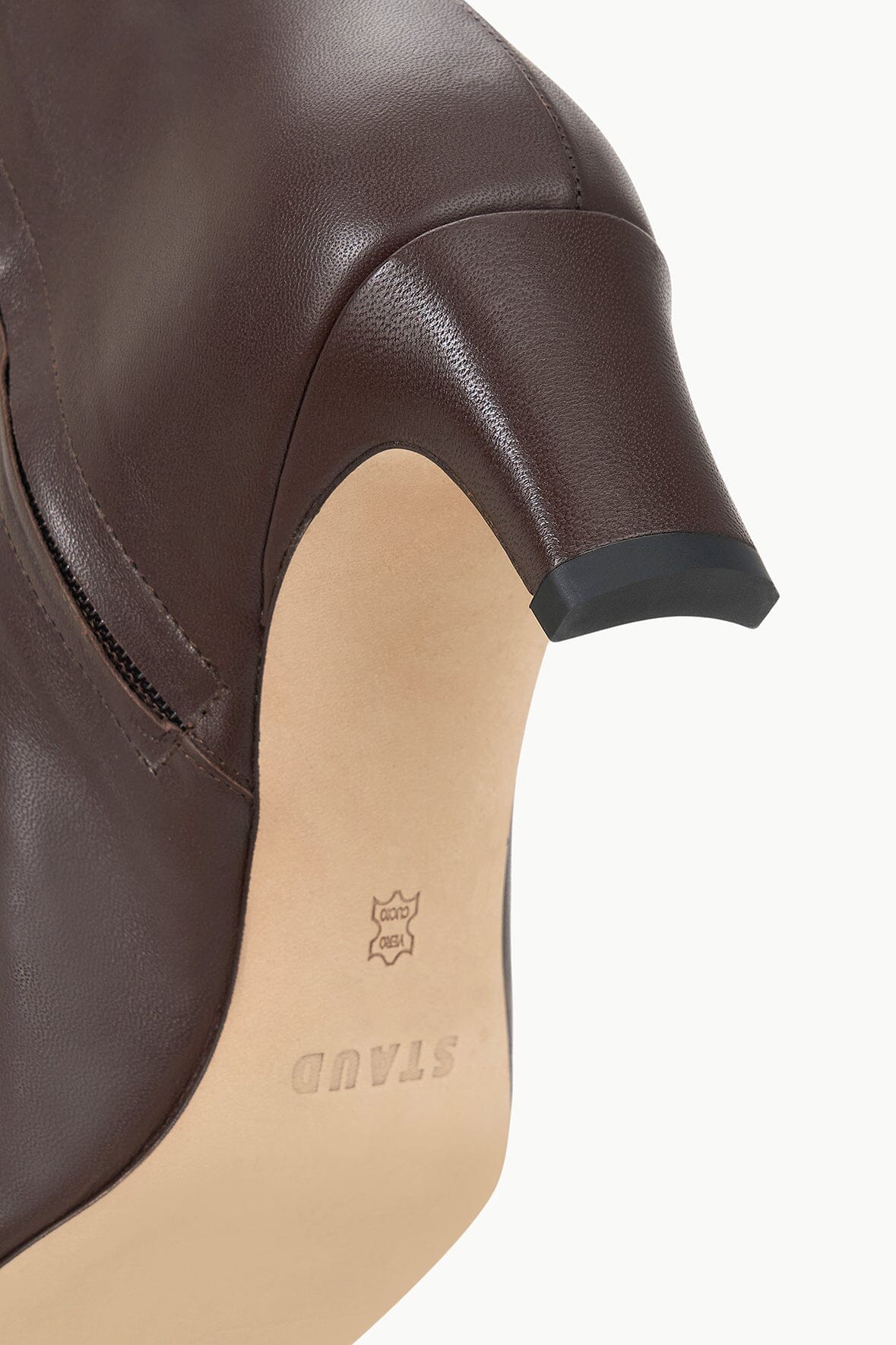 Espresso leather ankle boot side view with pull tab detail