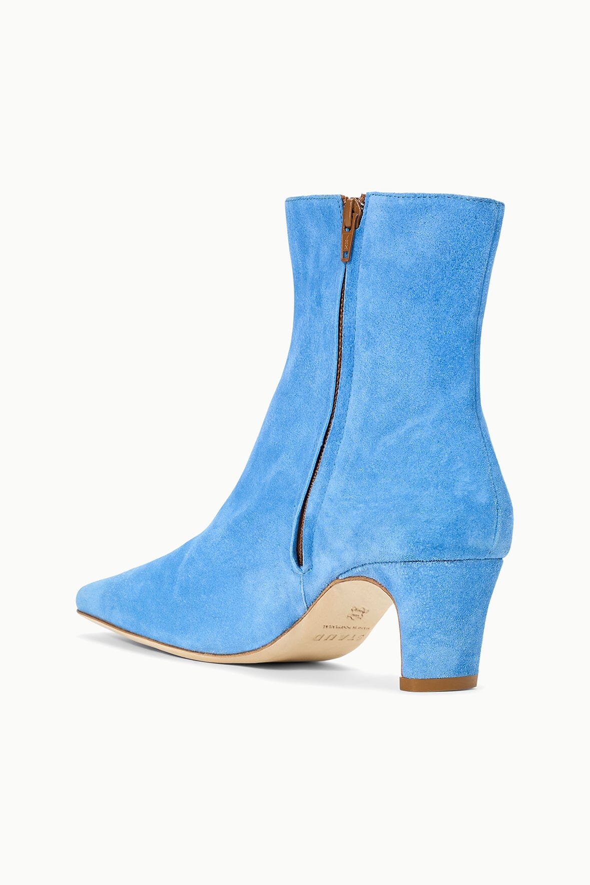 Blue suede ankle boot with front zipper and low block heel